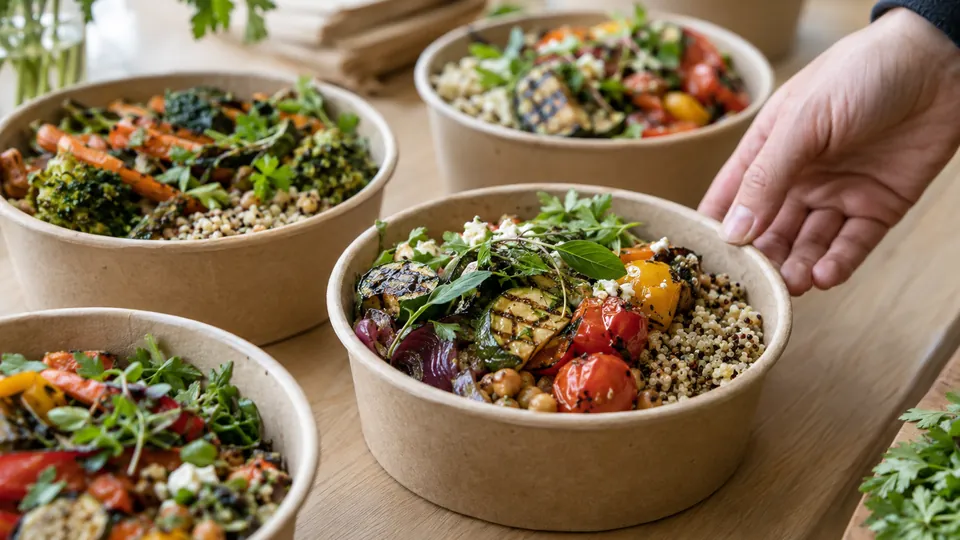 Lunch-Bowls mit Gemüse und Getreide fürs Business-Meeting