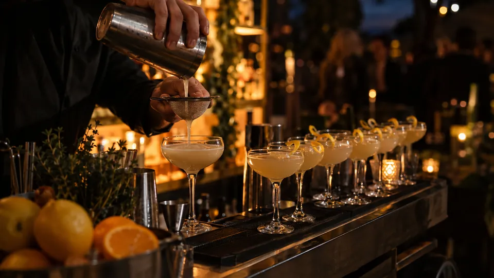 Barkeeper seiht einen Cocktail an der mobilen Bar ab