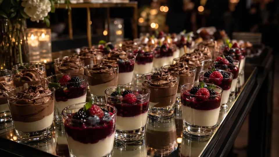 Dessertgläser mit Panna Cotta und Mousse au Chocolat am Buffet