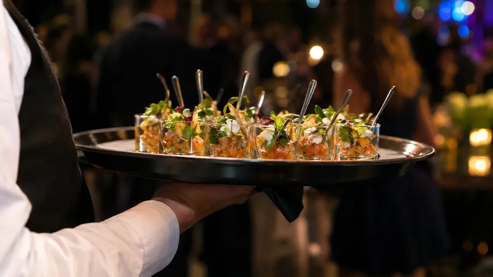 Servicekraft trägt Tablett mit Apéro-Gläsern durch den Abendempfang
