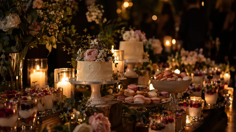 Sweet Table bei Kerzenlicht auf einer Hochzeit