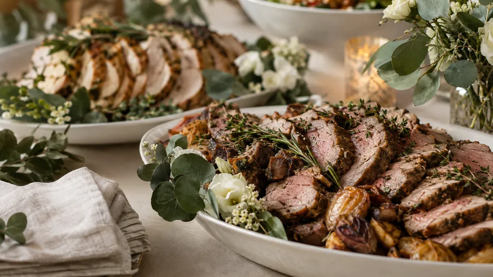 Elegantes Hochzeitsbuffet mit Blumendekor und Leinenservietten