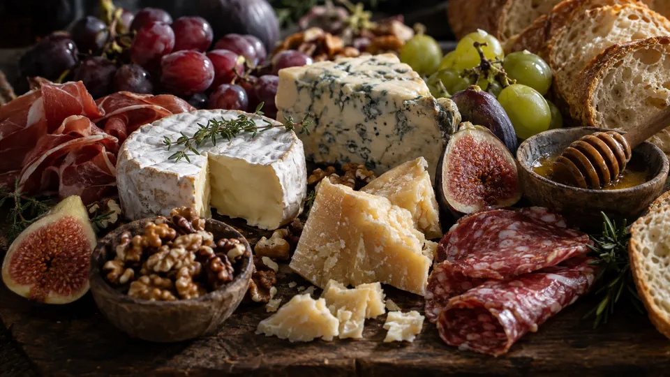 Käse- und Vesperbrett mit Trauben, Feigen und Honig