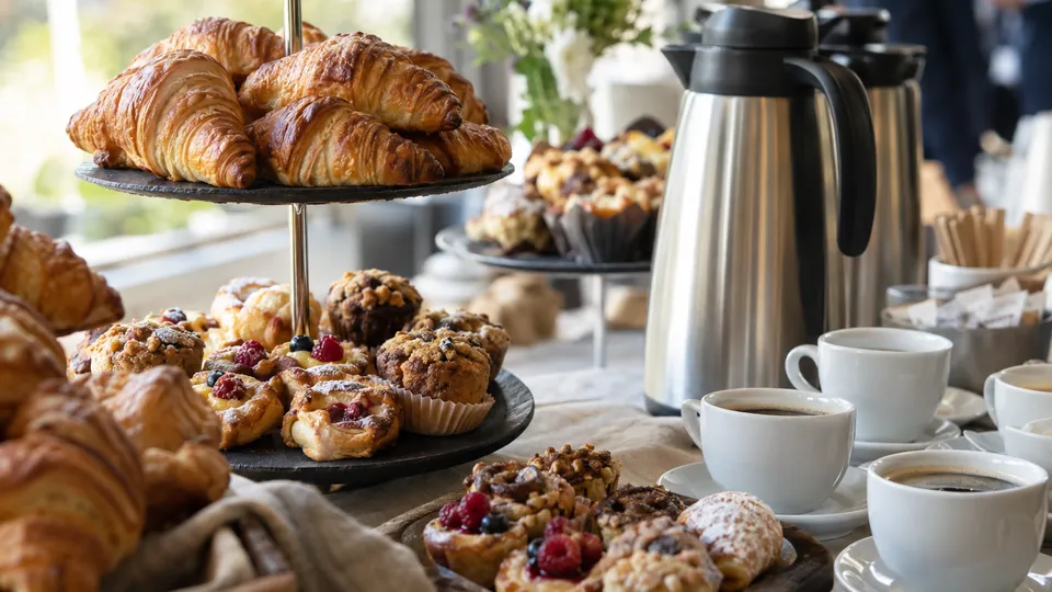 Kaffeepause mit Gebäck und Etageren bei einer Tagung