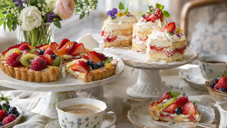 Kaffeetafel mit Obsttorten und Sahnekuchen auf Etageren