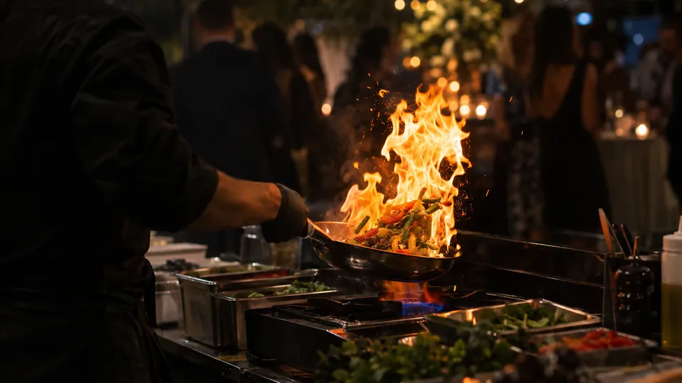 Live-Cooking: Koch schwenkt die Flambierpfanne vor Gästen
