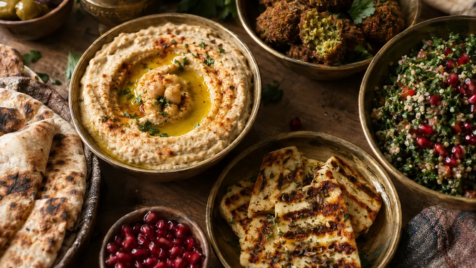 Orientalische Mezze mit Hummus, Falafel und Halloumi