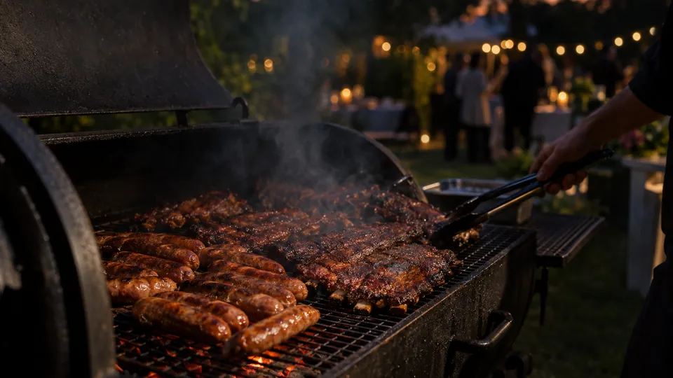 Smoker mit Glut, Rauch und Spareribs in der Abenddämmerung