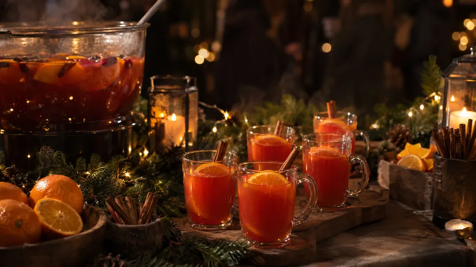 Dampfender Punsch mit Zimt und Orange an der Winterstation