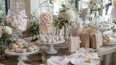 Candy Bar mit Sweet Table in Pastellfarben auf einer Hochzeit