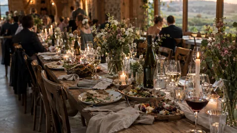 Elegant eingedeckte Hochzeitstafel mit Kerzen und Blumen bei Stuttgart