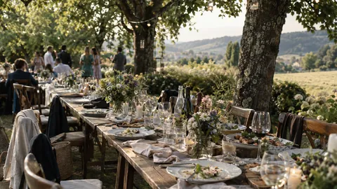 Festlich gedeckte Tafel bei einer Gartenhochzeit unter Bäumen