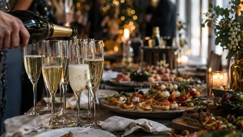 Sektgläser und Fingerfood beim Silvester-Mitternachtsbuffet