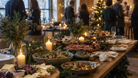 Festliches Weihnachtsfeier-Buffet mit Tannenzweigen und Lichterketten